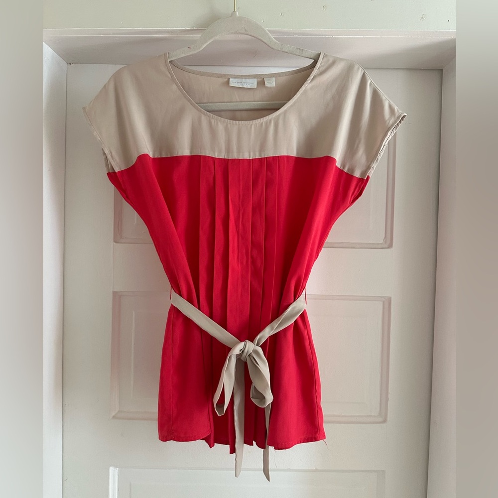 NEW YORK & COMPANY | Tan and Deep Coral Blouse with Tie Belt